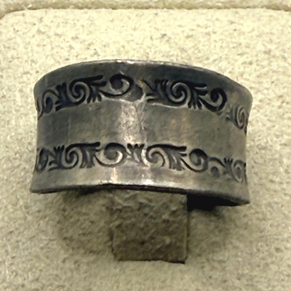 Vintage Etched Scroll Wide Band Adjustable Wrap Ring Silver Tone Boho Statement